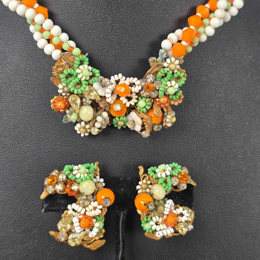 Original By Robert Vintage Floral‎ Orange Bead Rhinestone Necklace Earrings Set